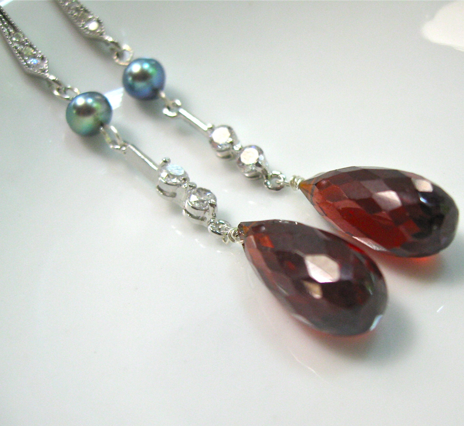Gorgeous Rhodolite Garnet Long Linked Akoya Pearl and Diamond Embellished Earrings...