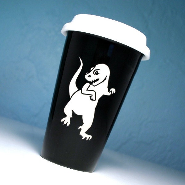 T-Rex Travel Coffee Mug - insulated black ceramic to go cup