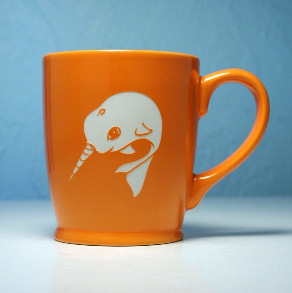 Narwhal Mug - Tangerine Orange - large ceramic unicorn of the sea coffee cup