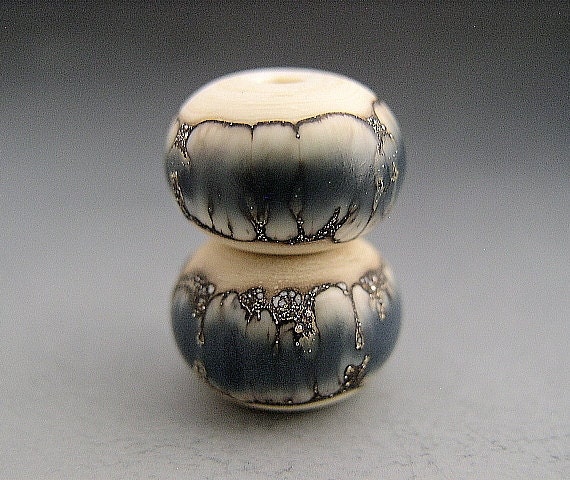 Naos Glass - Denim Tigers Pair - Made To Order Handmade Lampwork Beads SRA Blue Cream Silver Leteam
