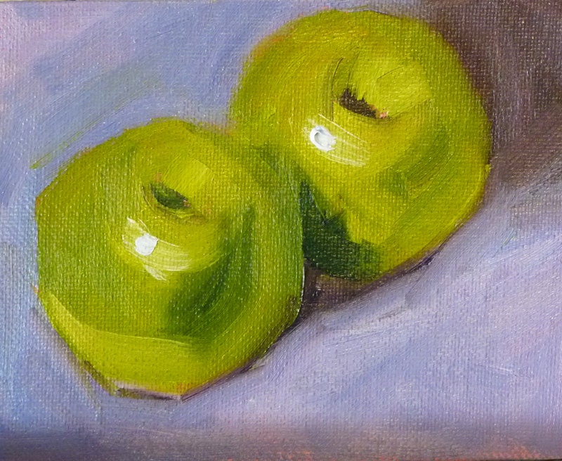 Green Apple Still Life, Original Oil Painting, Small 4x5 on Canvas, Kitchen Art, Kitchen Decor, Fruit Painting, Wall Decor