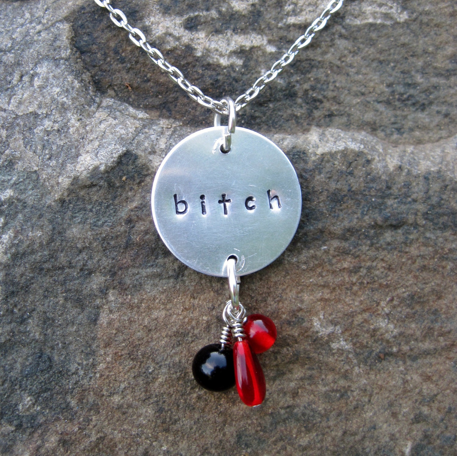 Bitch Stamped Metal Pendant Necklace