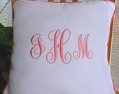 White Monogrammed Pillow  with Coral Piping, Personalized Pillow, Embroidered Pillow