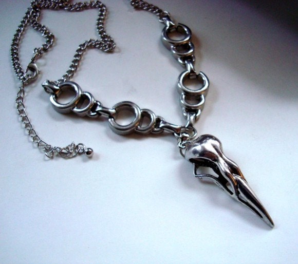 Gothic Expired Soul, Bird Skull Necklace With Unique Connectors in Chain, Heavy Silver Finish, Hand Made Original