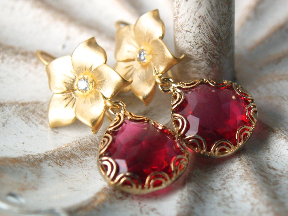 Ruby Blossom - Bride Bridesmaid Ruby quartz cz and gold vermeil flower earrings