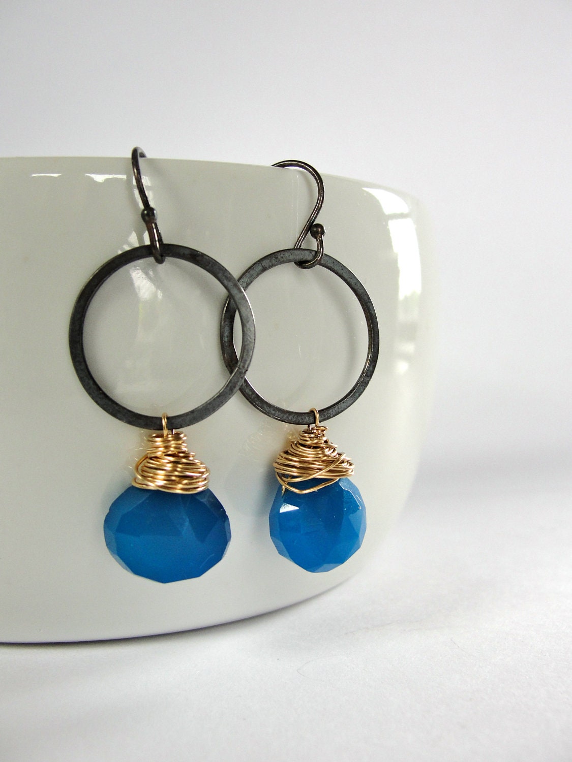 Blackened Sterling Silver Earrings with deep teal chalcedony and 14k gold
