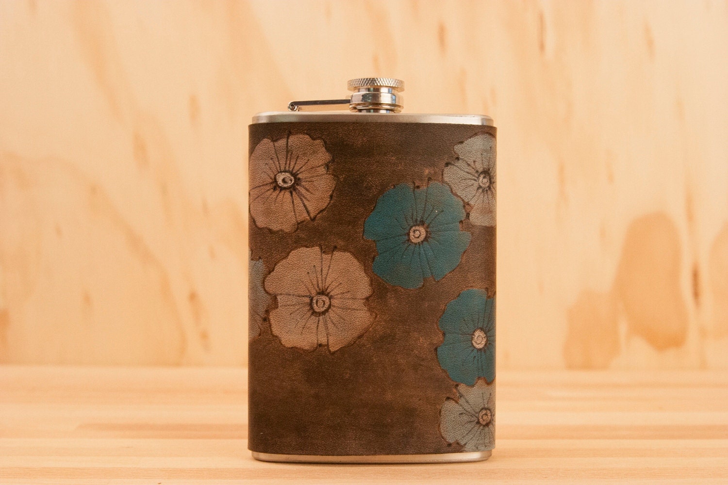 Poppy Garden Flask - Leather in sage, turquoise, silver and Antique Black - Stainless Steel 8oz