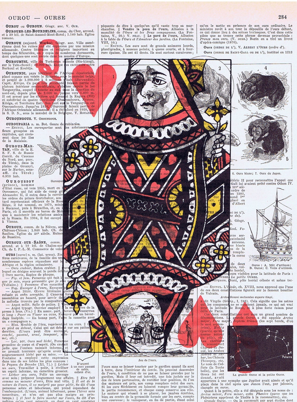 Gift, Birthday,Art.Queen of Hearts,Playing card, Antique Book Page, Buy 3 get 1 FREE, Altered. Paper Ephemera.fathers day.dad.mom