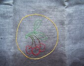 Hand-Dyed Ombre Hand Embroidered Tea Towel Cherry Motif Linen -  free ship