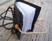 Miniature Book Necklace on Black Ball Chain Black Leather Rice Paper Pages - free ship
