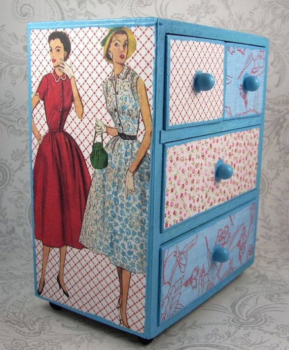 Blue and Red Retro Patchwork Stash Jewelry Box