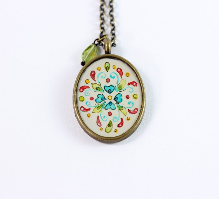 Folk Art Inspired Floral Pattern Hand Painted Necklace