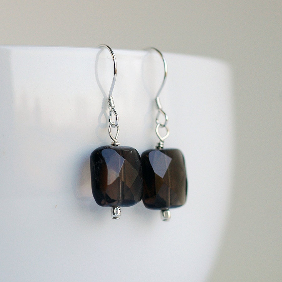 Brown Faceted Topaz Quartz Earrings - Square Beads - Smokey Quartz Earrings - Dangle Earrings - Everyday Earrings Jewelry READY TO