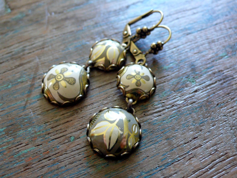 brocade - vintage tin and brass earrings