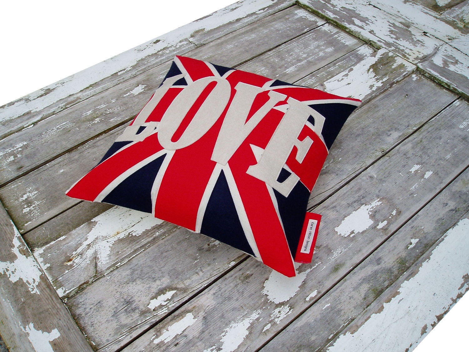 LOVE U JACK  cushion/pillow in Traditional Red, navy blue & oatmeal white   Appliqued wool felt