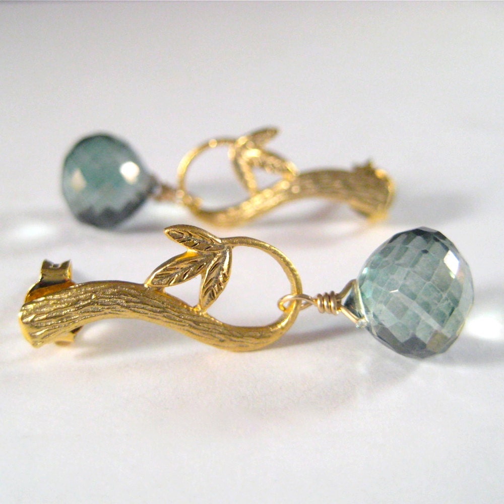 Green Quartz Earrings, Mystic Quartz Briolette Earrings, Brass Twig Earrings, Green Earrings