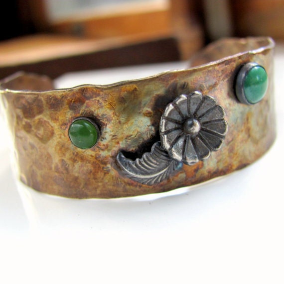 Hammered brass sterling silver green jade malachite cuff bracelet flower leaf rustic