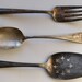 tarnished vintage silverplate serving set,, cake server, spoon, fork