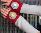 Arm Warmers Upcycled Fingerless Gloves Handstitched Mittens - Red and Sand with Doodads