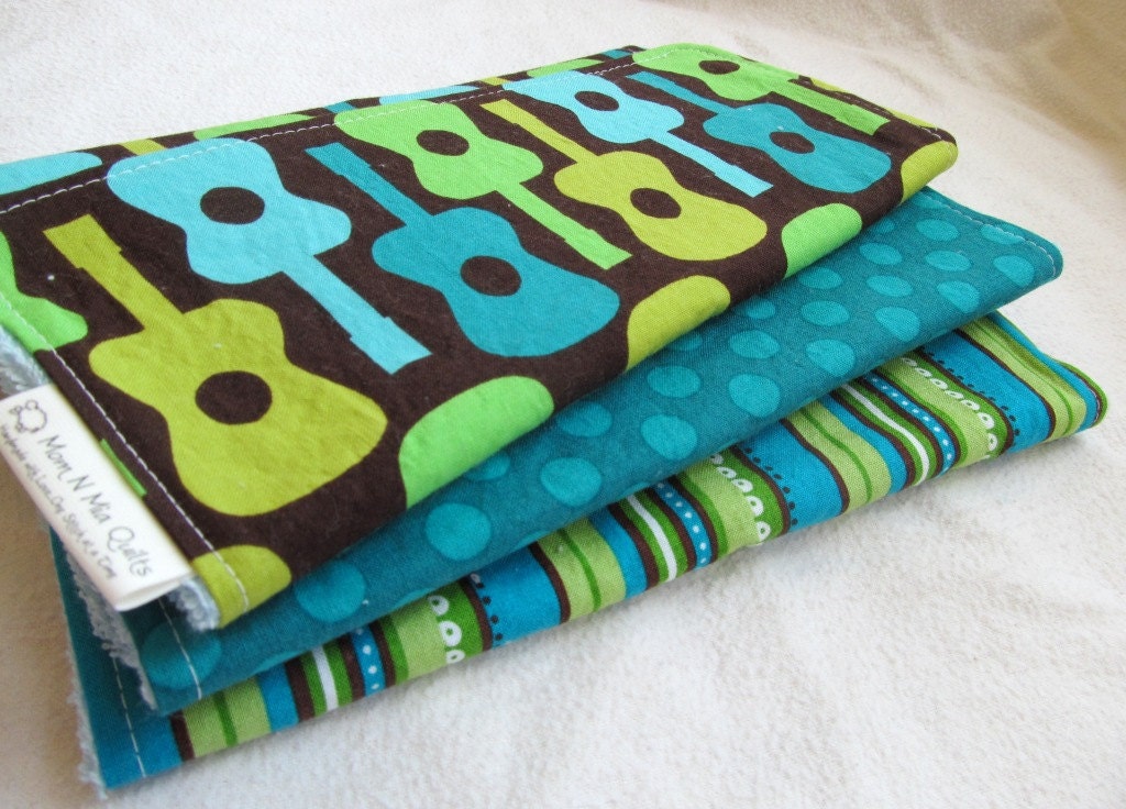 Baby Boy Burp Cloth Gift Set - Groovy Guitars in Lime and Teal - Set of 3 burp pads
