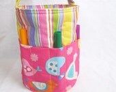 Creative Kids Art Bucket - Birds in Pastel and Stripes - Fabric Basket Organizer and Art Supply Holder - great Birthday Gift