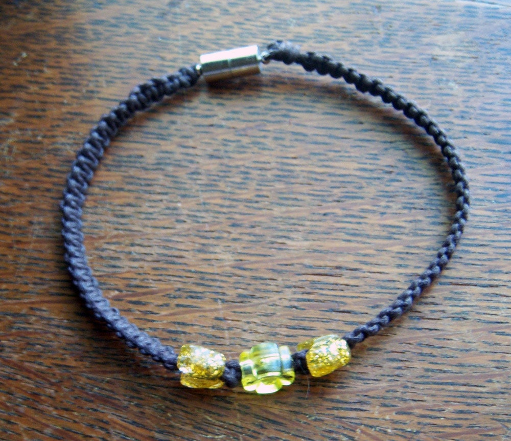 Brown Cotton Macrame Anklet With Sparkly Yellow Butterfly Beads