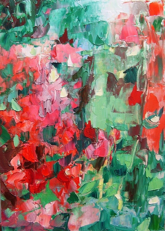 Painting, original floral abstract, small,"Geranium Riot" 10x 7 inches