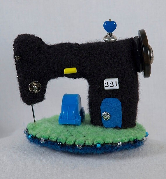 Sewing machine pincushion wool felt with blue car by LucysLocket