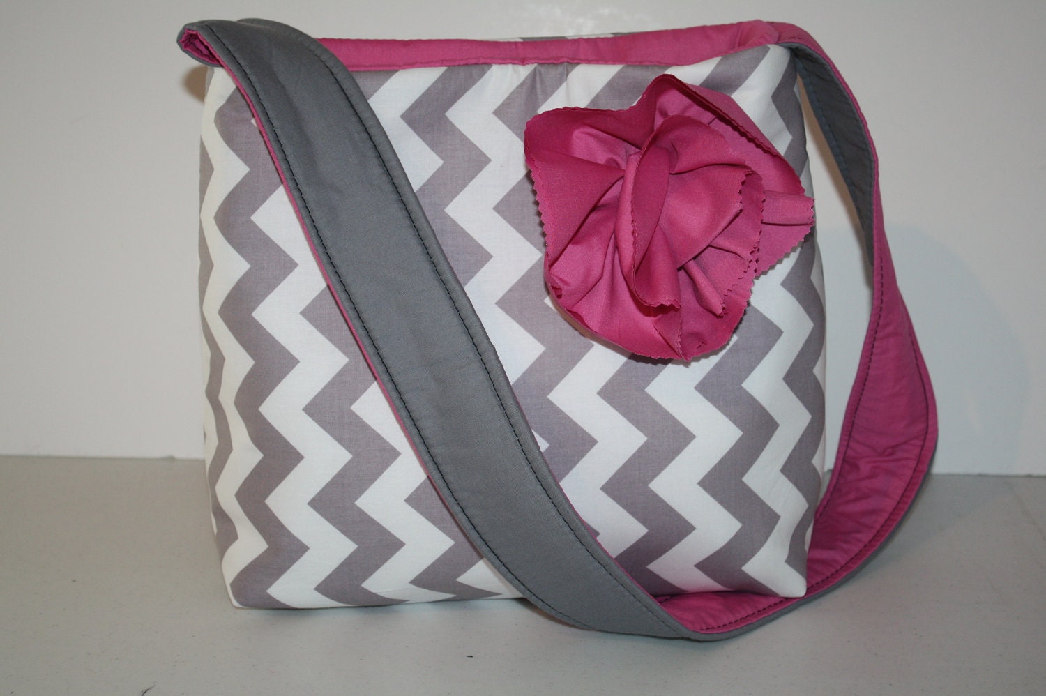 Diaper Bag Book Purse Tote Shoulder Bag Handbag  Hobo MARKET BAG Grey Chevron Pink Flower More Pockets / messenger strap XcessRize Designs