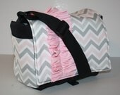 MESSENGER BAG Laptop Bag Diaper Bag Book Tote Purse Pink Grey Chevron Ruffle    XcessRize Designs