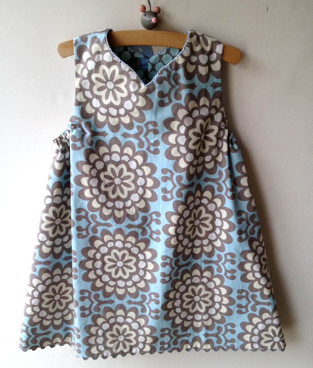 Reversible Jumper Dress in sky blue, cream, and gray, sizes 12m 2T 3T 4T