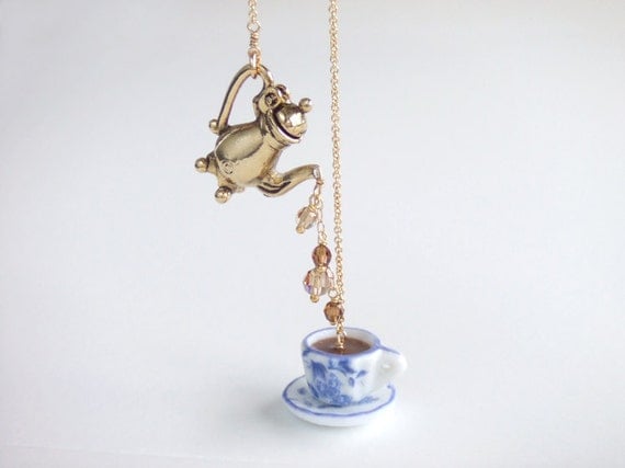 Breakfast Coffee Lariat Necklace, Teapot Gold Jewelry, Blue China Tea Cup, Gift for Her