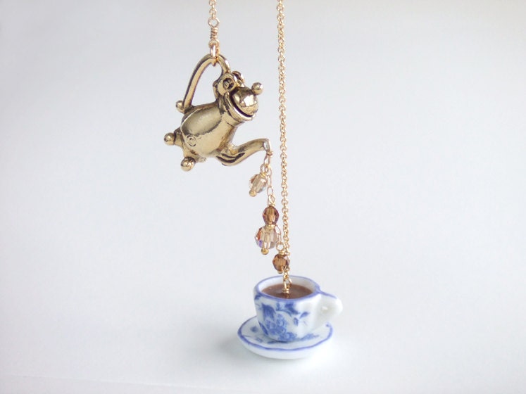 Breakfast Coffee Lariat Necklace, Teapot Gold Jewelry, Blue China Tea Cup, Gift for Her