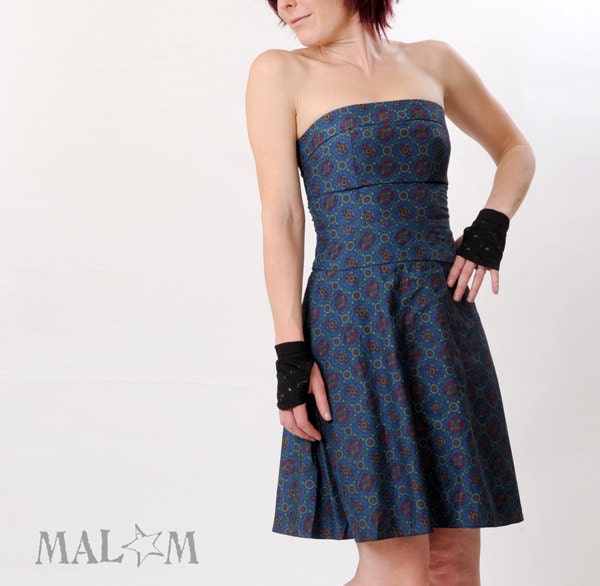 Blue Strapless Dress - Vintage Silk Blue Strapless Dress - Bustier dress -  Size S