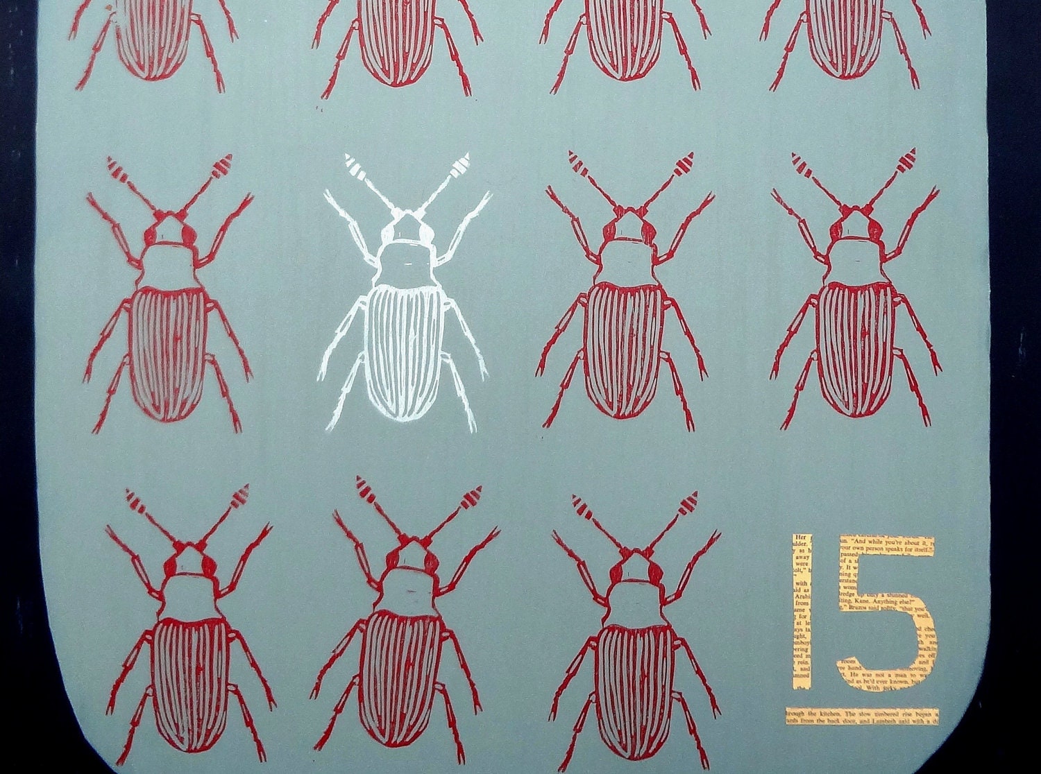 Large Mixed Media Art on Wood, Block Printed Beetles, Number 15, Original Art by Erin Lang Norris.