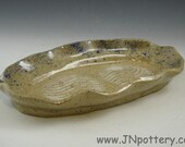 Ceramic Oval Tray with Ruffled Rim, Appetizer Plate, Cream Color with Blue Specks  s214