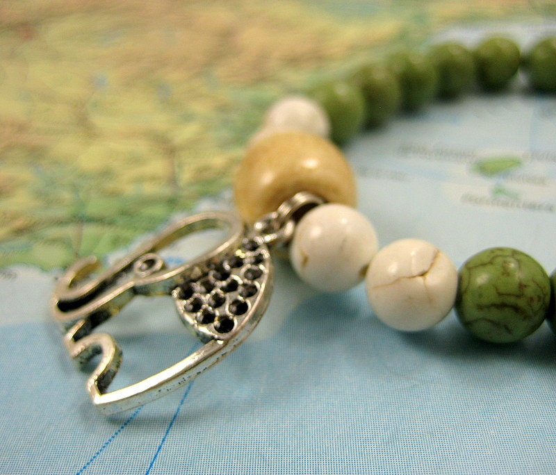 Satya Infinity Mala Bracelet in Green and White Jasper with Silver Elephant Charm