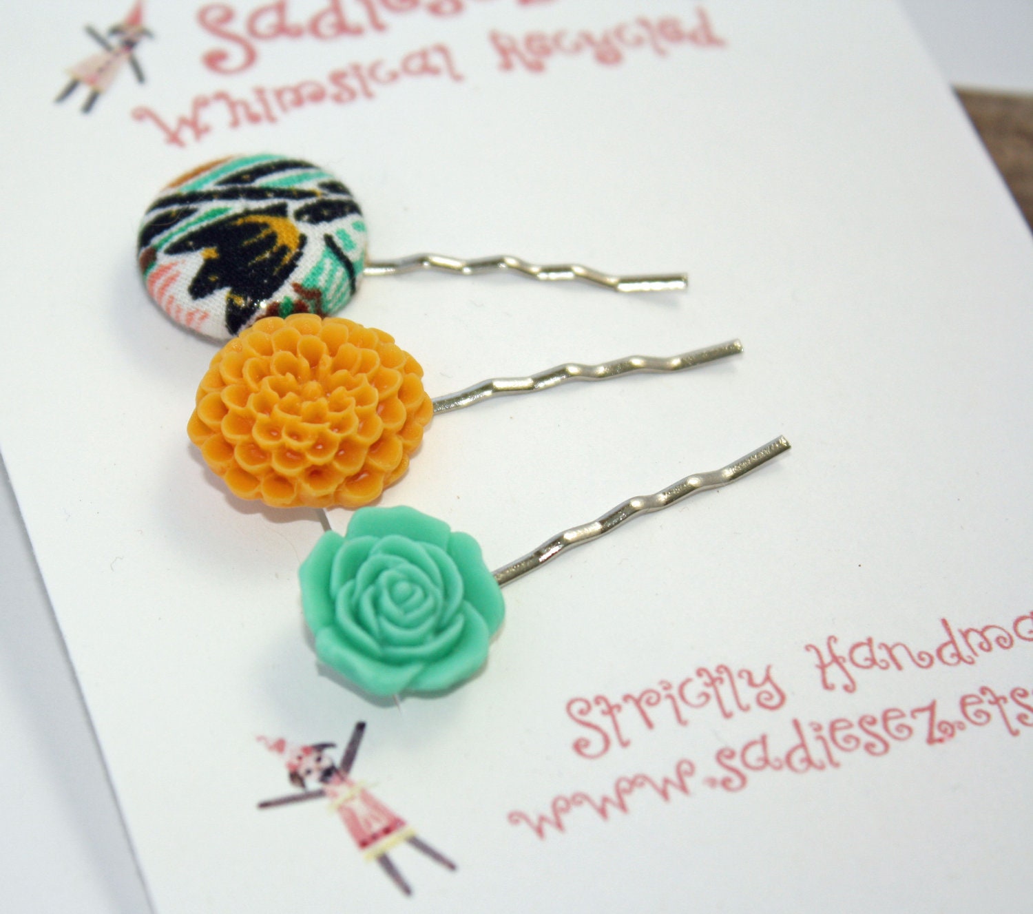 Bobby Pins Floral Assortment Asian Style TURQUOISE AND GOLD