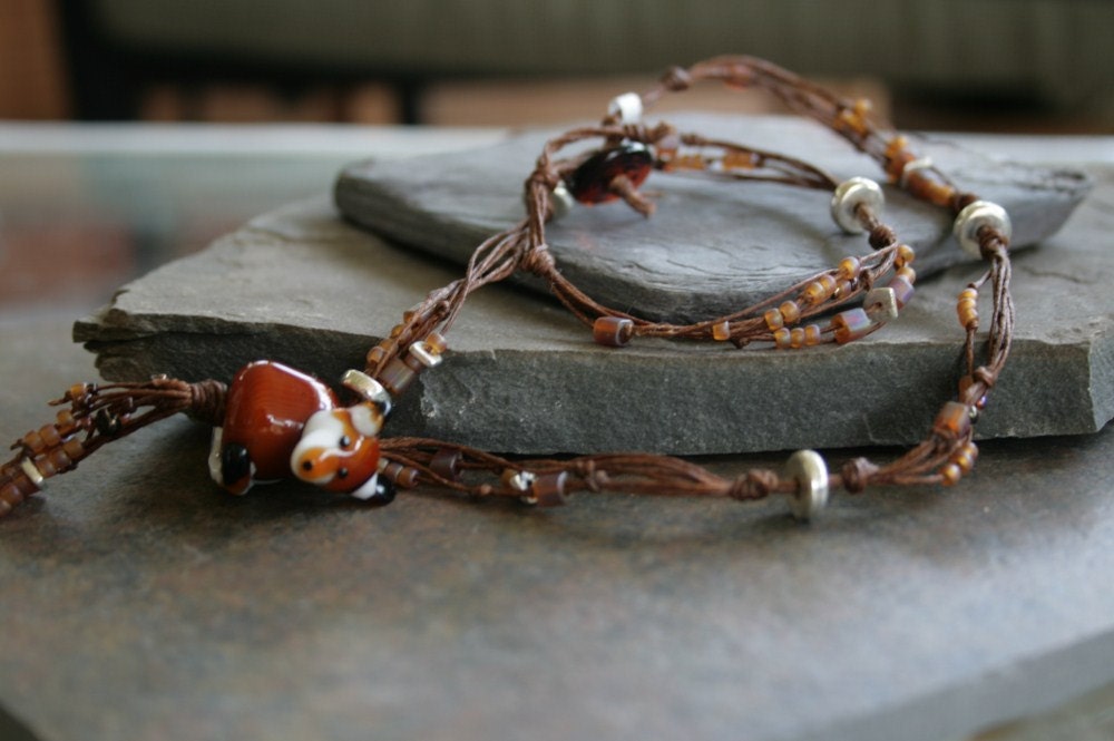 Artisan glass lampwork fox knotted necklace ... Out foxed ... sculptural glass fox bead fox necklace ... by simply cindy