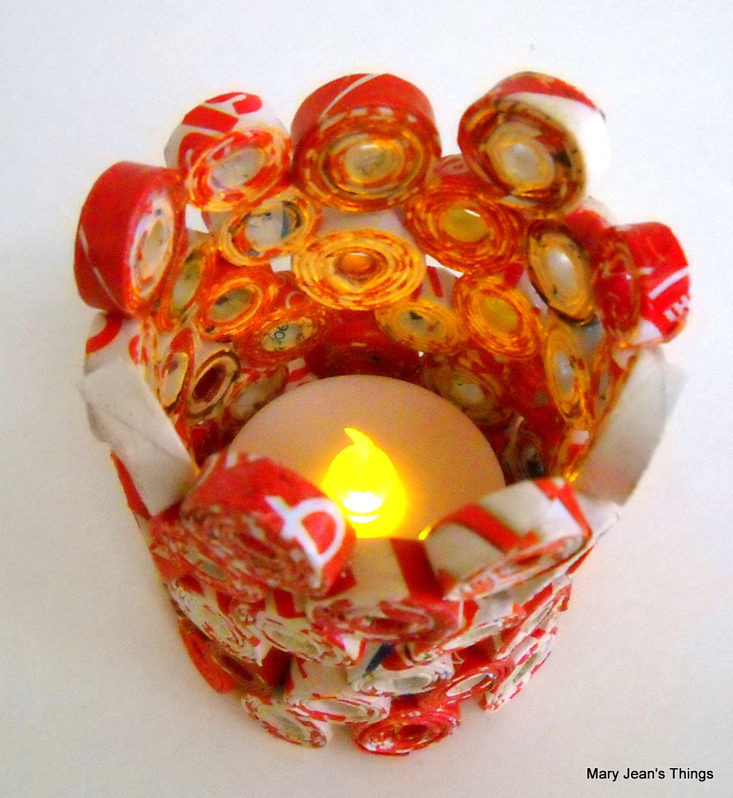 Red and White Paper Flameless Candle Votive Upcycled from Magazines etc. OOAK