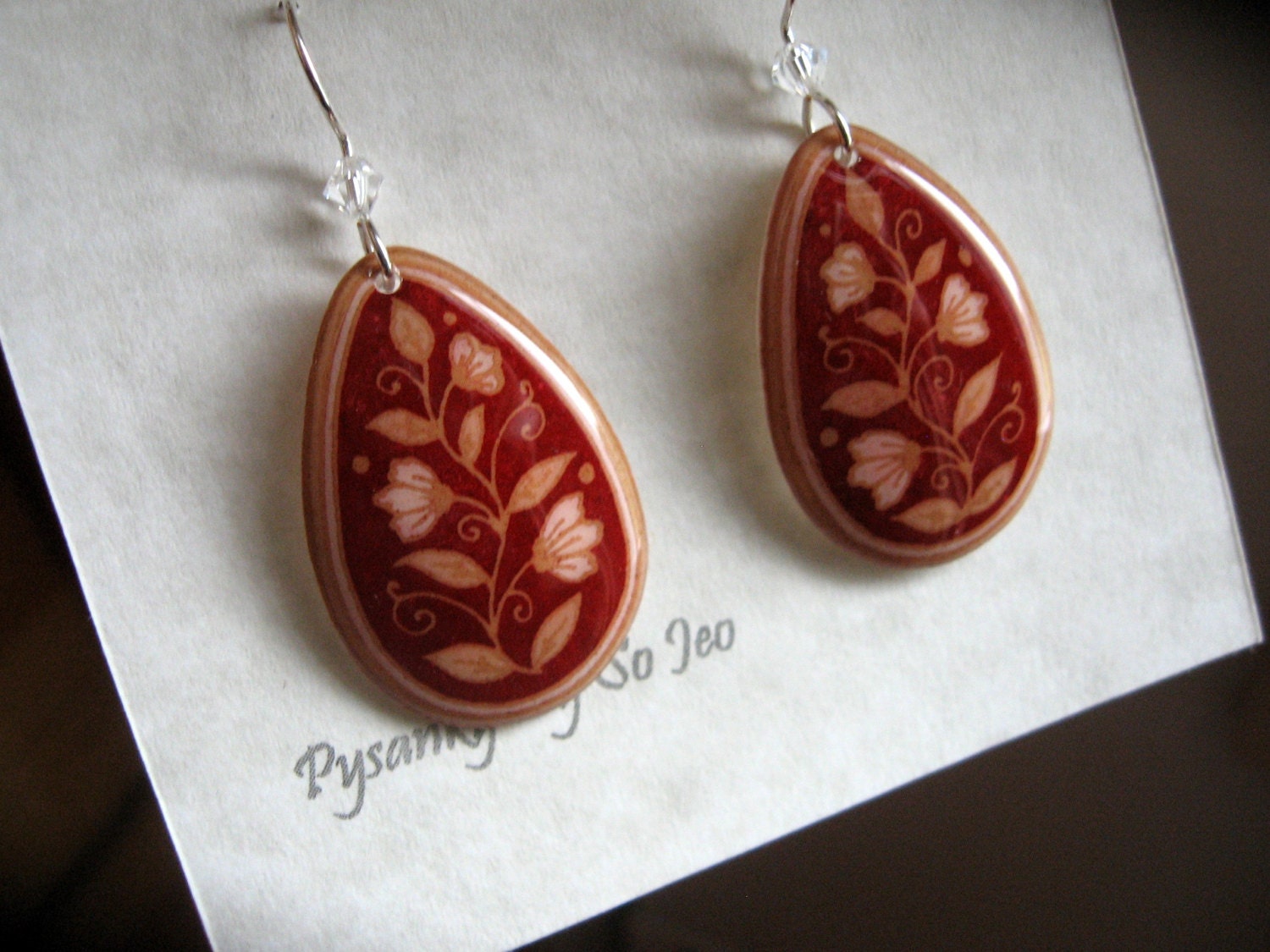 ECO Spring Vines Etched Brown Eggshell  Pysanky Batik  Teardrop Dangle Earrings