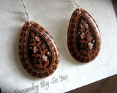 ECO Spring Vines Etched Brown Eggshell  Pysanky Batik  Teardrop Dangle Earrings