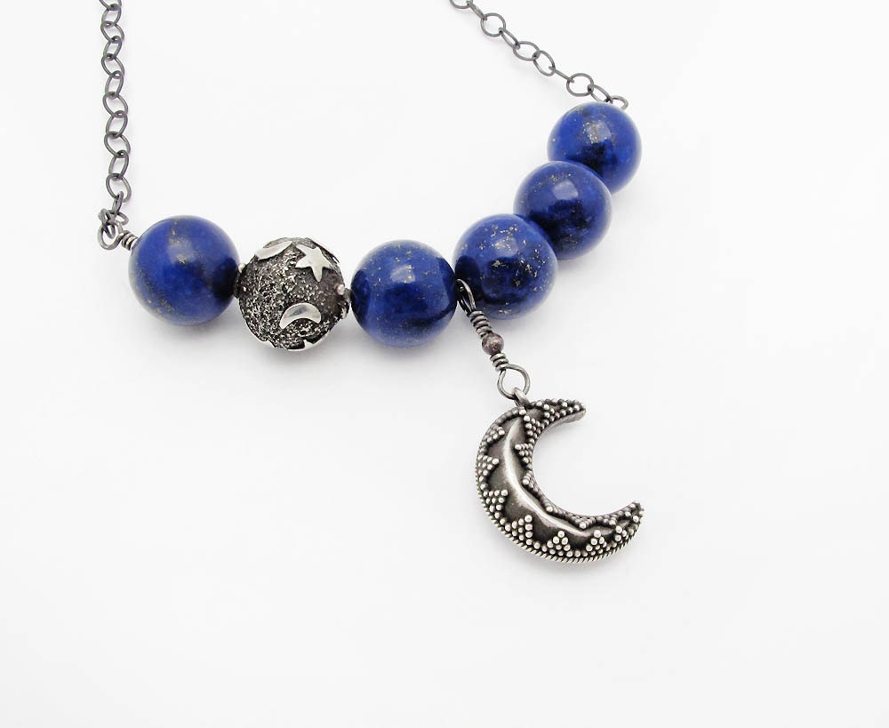 lapis necklace celestial necklace moon necklace star necklace gemstone necklace blue stone necklace boho necklace galaxy jewelry - SharonClancyDesigns