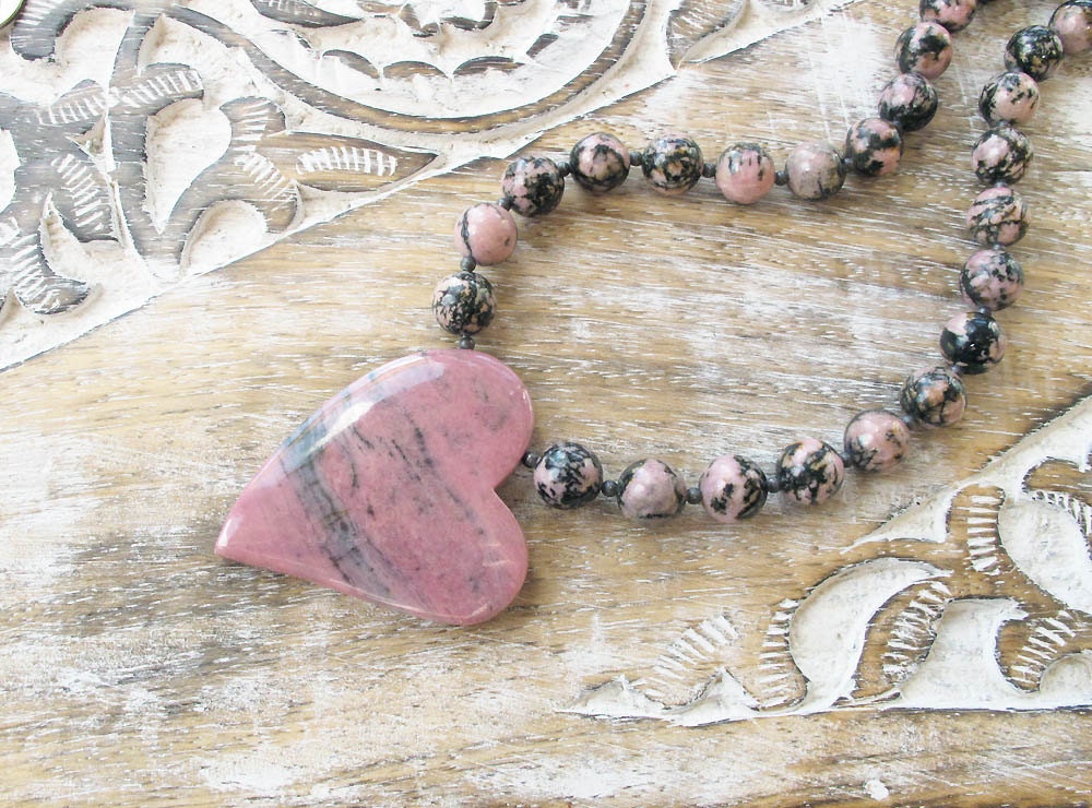 gemstone necklace carved heart pendant sterling silver necklace rhodonite necklace pink stone necklace boho necklace gift for bride CIJ