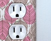 Outlet Cover - white with pink and brown leaves, feathers, nature, natural, whispy, light, earthy
