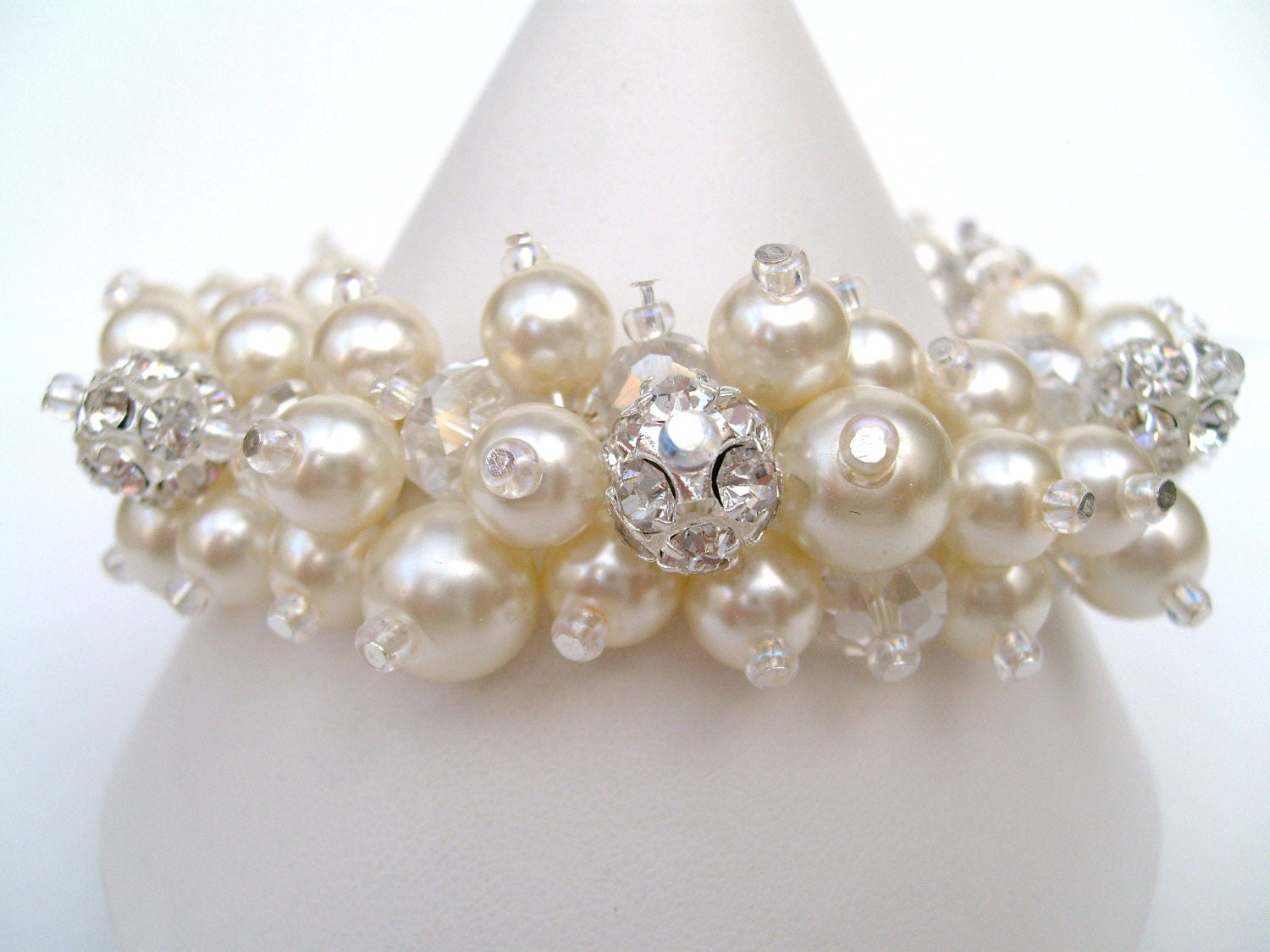 Bridal Jewelry, Wedding, Pearl Bridesmaid Bracelet, Pearl and Rhinestone Bracelet, Cluster Bracelet, Pearl Bracelet, Ivory Pearl Jewelry