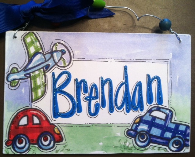 Hand personalized truck, plane and car boys room name sign
