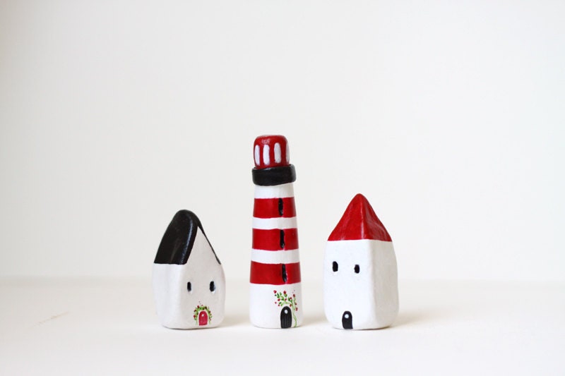 RESERVED for Jackie - Two little clay houses and a striped lighthouse - white, black and red