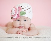 Crocheted Beanie The Christine White, Pink, Green, Open Weave Beanie Flower Infant, Newborn Sizes