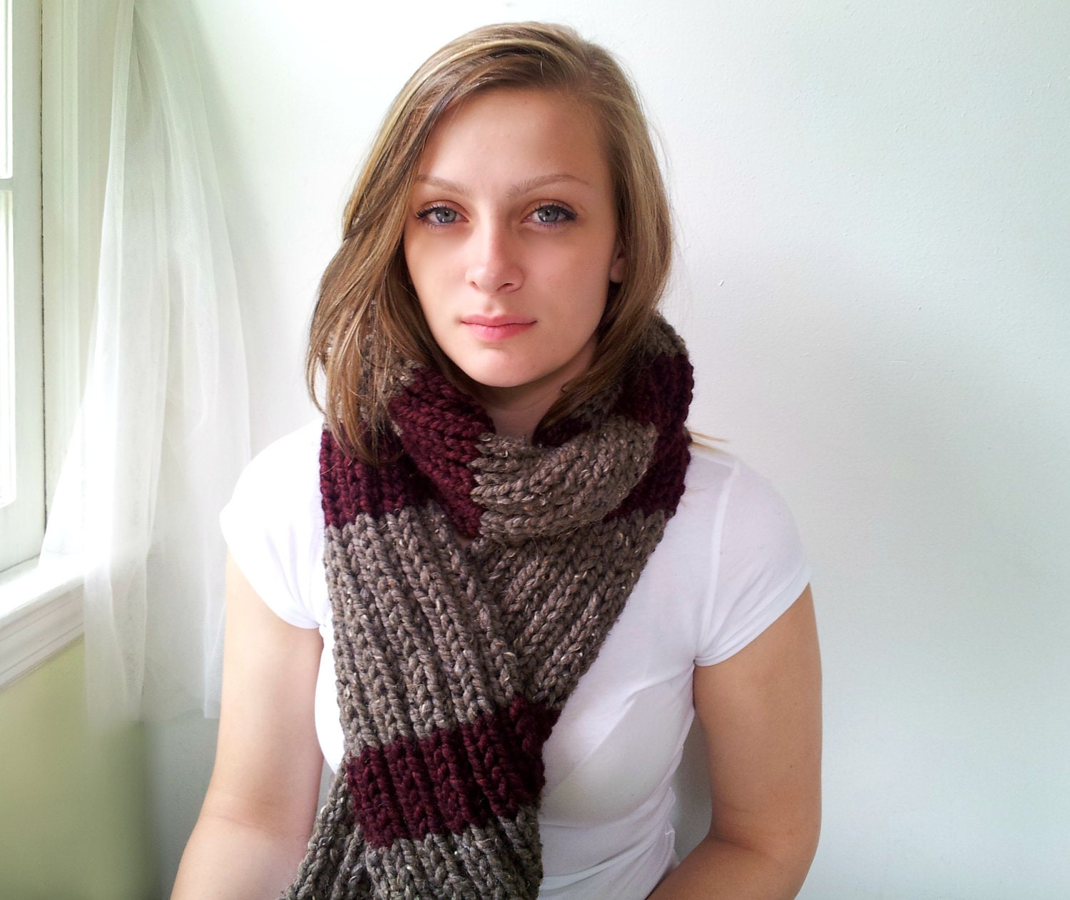 Brown and Burgundy Long Handknitted Scarf. Chunky, Soft, Unisex. Striped.
